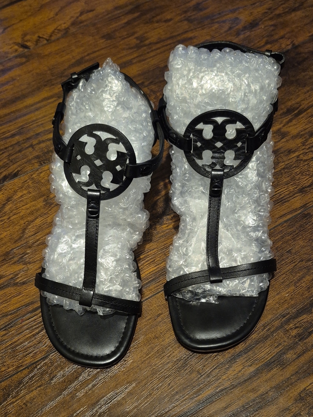 Tory Burch Black Logo T-Strap Leather Sandals